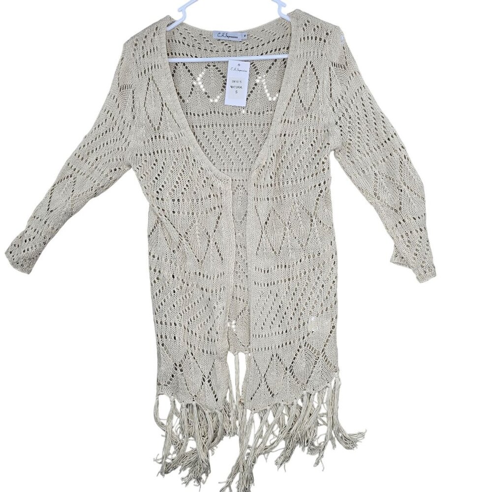 C.H. Impressions Beige Knit Cardigan With Fringe Accents S Cotton/Polyester